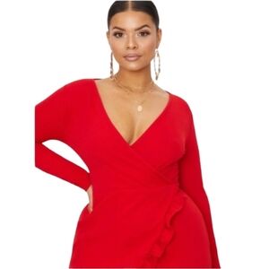 Pretty Little Thing Red Wrap Front Ruffle Detail Long Sleeve Dress Size 14